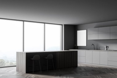 Gri duvarları, ahşap zemini, gri dolapları, bar ve sahte posterleri olan modern mutfağın köşesi. 3d oluşturma