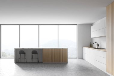 Beyaz duvarları, beton zemini, beyaz dolapları ve tabureli barı olan şık bir mutfak. 3d oluşturma