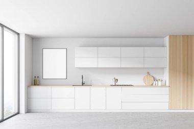 Beyaz ve ahşap duvarları, beton zemini, beyaz dolapları ve sahte posterleri olan şık bir mutfak. 3d oluşturma