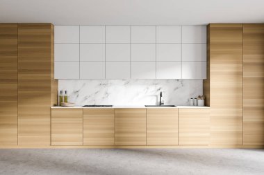 Beyaz mermer duvarlı modern mutfakta duran ahşap ve beyaz dolapların içi. 3d oluşturma