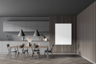 Gri ve ahşap duvarları, ahşap zemini, gri dolapları, yemek masası ve afişi olan modern mutfağın içi. 3d oluşturma