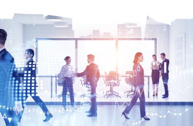 Bulanık ofiste çalışan genç iş adamları iki kat holograma maruz kalıyor. Tonu ayarlanmış resim