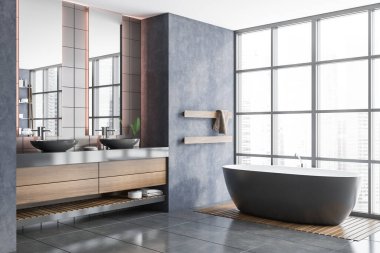 Beton duvarları, döşemeleri, rahat küveti ve çift lavabosu olan şık bir banyonun köşesi. 3d oluşturma