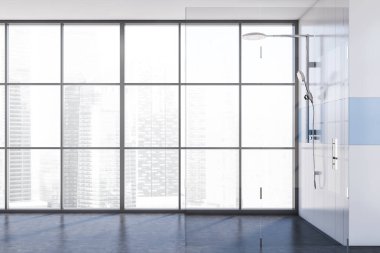 Beyaz ve mavi duvarlı minimalist banyonun içi beton zemin ve duş kabini. 3d oluşturma