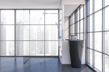 Minimalist banyo, beyaz ve mavi duvarlar, beton zemin, duş kabini ve yuvarlak lavabo. 3d oluşturma