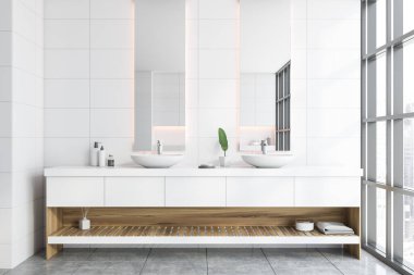 Beyaz duvarları ve beton zemini olan şık bir banyo içinde rahat bir çift lavabo. 3d oluşturma