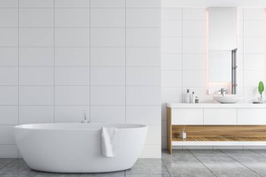 Beyaz duvarları, döşemeleri, rahat küveti ve çift lavabosu olan şık bir banyo. 3d oluşturma