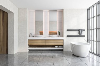 Modern banyo, beyaz duvarlar, fayanslı zemin, rahat küvet ve çift lavabo. 3d oluşturma