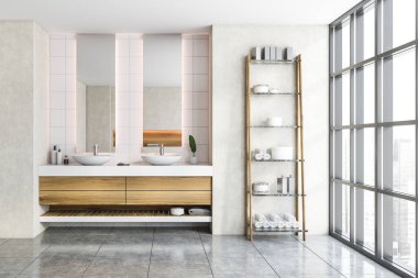 Beyaz duvarları ve beton zemini olan şık bir banyo içinde rahat bir çift lavabo. Raflarda güzellik ürünleri var. 3d oluşturma