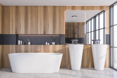 Ahşap ve gri duvarları, beton zemini, rahat küveti ve çift lavabosu olan minimalist banyonun içi. 3d oluşturma