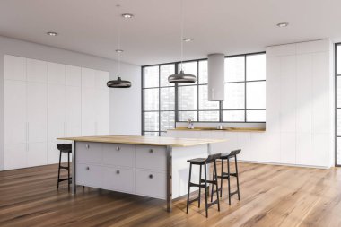 Modern mutfak köşesinde beyaz duvarları ve ahşap zemini olan beyaz tabureli bir bar. 3d oluşturma