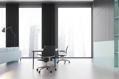 Beyaz ve siyah duvarları, beton zemini, uzun masası ve gri kanepesi olan şık bir oturma odası. 3d oluşturma