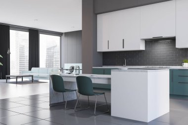 Beyaz ve bej duvarlı şık mutfak köşesi, beton zemin, beyaz ve mavi dolaplar ve sandalyeli bar. Arka planda oturma odası var. 3d oluşturma