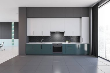 Beyaz ve bej duvarları, beton zemini, beyaz ve mavi dolapları ve kanepesi olan şık bir mutfak. 3d oluşturma