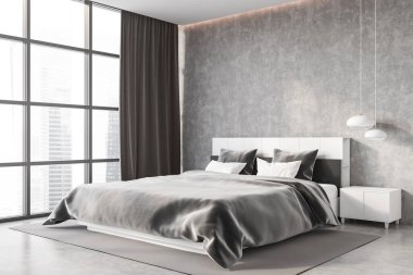 Çatı katı yatak odasının köşesinde beton duvarlar, zemin ve rahat kral yatağı var. 3d oluşturma