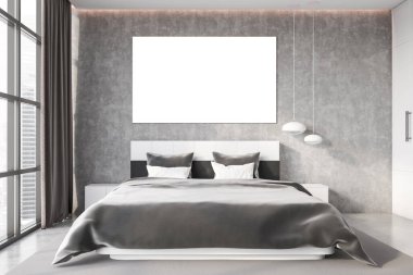 Çatı katı yatak odasının içinde beton duvarlar, zemin ve rahat kral yatağı var. Yatay maket posteri. 3d oluşturma