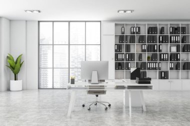 Beyaz duvarları, beton zemini, bilgisayar masası ve klasörlü kitaplığı olan şık bir CEO ofisi. 3d oluşturma