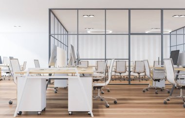 Beyaz duvarları, ahşap zemini, sıra sıra bilgisayar masaları ve arka planda toplantı odası olan modern açık uzay ofisinin içi. 3d oluşturma