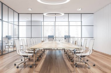 Beyaz duvarları, ahşap zemini ve uzun konferans masası olan modern toplantı odasının içi. 3d oluşturma