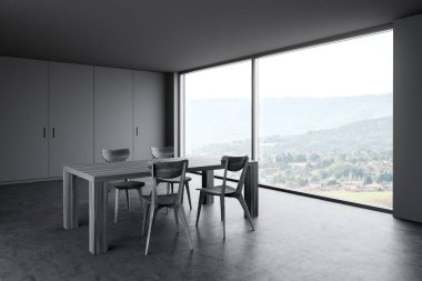 Gri duvarları, beton zemini ve ahşap sandalyeli yemek masası olan şık panoramik yemek odasının köşesi. 3d oluşturma