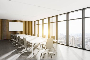 Beyaz ve yünlü duvarları olan modern toplantı odasının köşesi beton zemin, uzun konferans masası ve sahte poster. 3d oluşturma