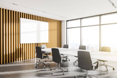 Ahşap toplantı odasının köşesinde asılı uzun konferans masası olan posterin kapağını kapatın. 3d oluşturma
