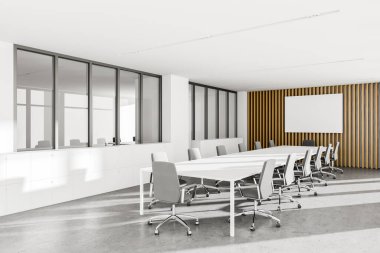 Beyaz ve yünlü duvarları, beton zemini, uzun konferans masası ve afişi olan şık toplantı odasının köşesi. 3d oluşturma