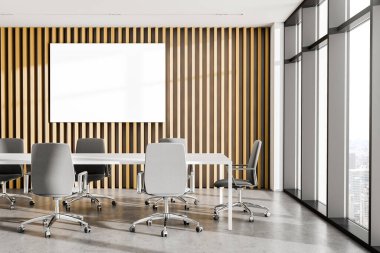 Ahşap duvarları, beton zemini ve uzun beyaz masası olan modern toplantı odasında asılı posterler. 3d oluşturma