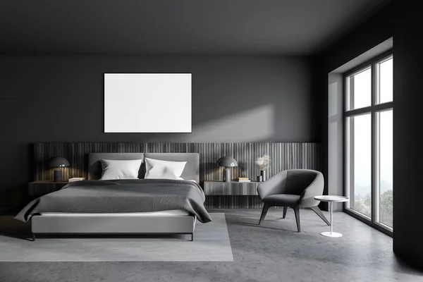 Intérieur Chambre Élégante Avec Des Murs Gris Sol Béton Lit — Photo