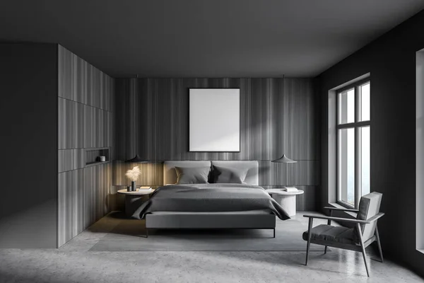 Interior Stylish Bedroom Gray Wooden Walls Concrete Floor Comfortable King — Stock Photo, Image