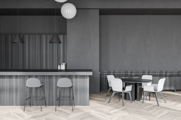 有灰色墙壁 木制地板 吧台和凳子的风格酒吧的内部 有椅子的圆桌讨论会 3D渲染 — 图库照片