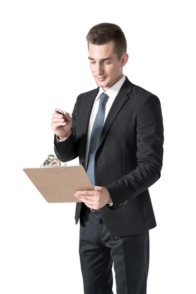 Retrato Isolado Meio Comprimento Empresário Com Prancheta Conceito Papelada Liderança — Fotografia de Stock