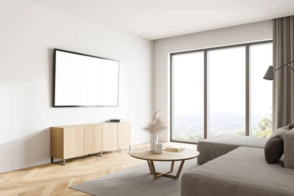 现代客厅的拐角处 有白色的墙壁 木制的地板 米黄色的沙发和模拟电视机 3D渲染 — 图库照片