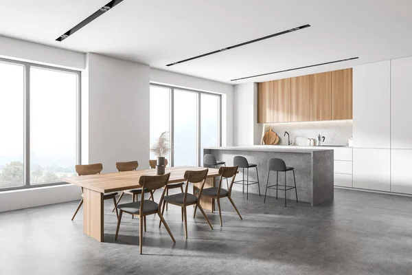 Corner Modern Kitchen White Wooden Walls Concrete Floor Bar Dining — Stock Photo, Image