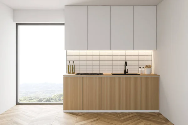 白い壁 木製の床と白と木製の食器棚とモダンなキッチンのインテリア 3Dレンダリング — ストック写真