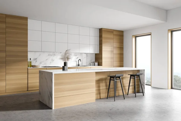 白と木製の壁 コンクリートの床とスツール付きのバーとモダンなキッチンのコーナー 3Dレンダリング — ストック写真