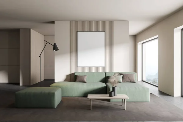 Intérieur Salon Moderne Avec Murs Blancs Sol Béton Canapé Vert — Photo