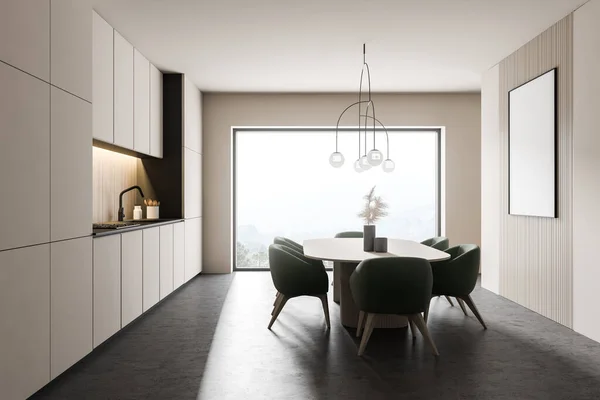 全景厨房侧视图 白色墙壁 混凝土地板 白色橱柜和有绿色椅子的餐桌 3D渲染 — 图库照片