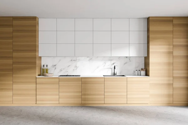 Interno Armadi Legno Bianco Piedi Cucina Moderna Con Pareti Marmo — Foto Stock