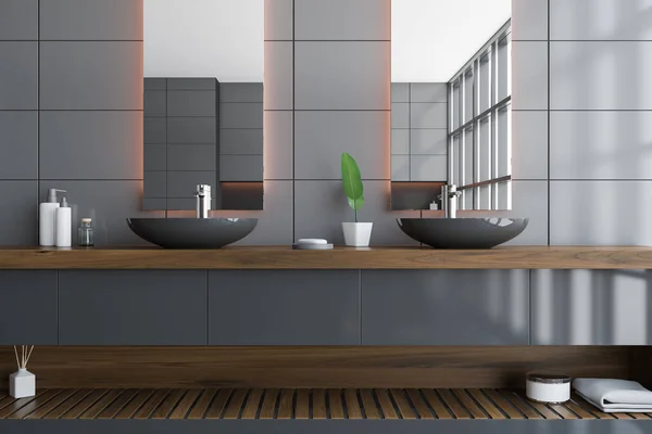 Primer Plano Doble Lavabo Pie Elegante Baño Con Paredes Baldosas — Foto de Stock