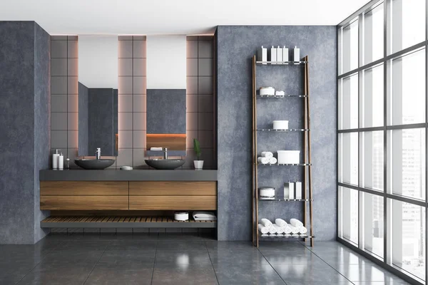 Lüks banyo içinde beton duvarlar ve fayanslarla dolu rahat bir çift lavabo. 3d oluşturma