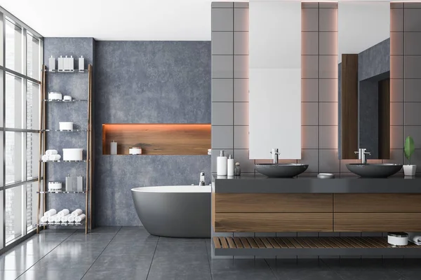 Interior Stylish Bathroom Concrete Walls Tiled Floor Comfortable Bathtub Double — Stock Photo, Image