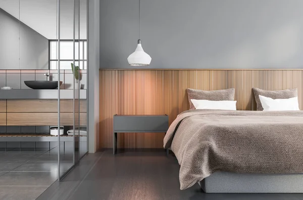 Interieur Eines Modernen Schlafzimmers Mit Grauen Und Hölzernen Wänden Holzboden — Stockfoto
