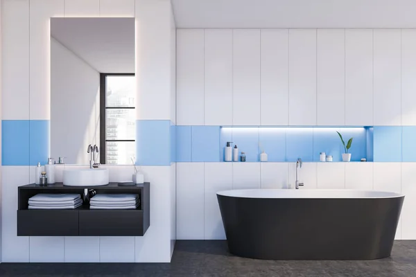 内饰时尚简约的浴室 白色和蓝色墙壁 混凝土地面 舒适的浴缸和双水池 3D渲染 — 图库照片