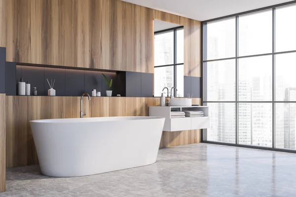 简约的浴室角落 有木制和灰色墙壁 混凝土地面 舒适的浴缸和圆形水槽 3D渲染 — 图库照片