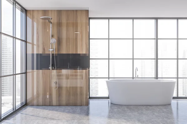 带有木制和灰色墙壁 混凝土地板 淋浴间和浴缸的简约浴室的内部 3D渲染 — 图库照片