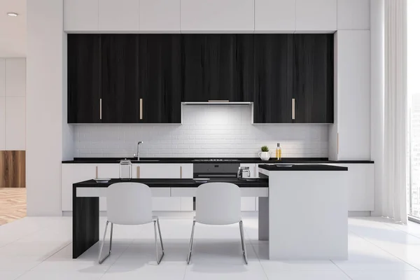 Interior Modern Kitchen White Black Walls White Floor White Black — Stock Photo, Image