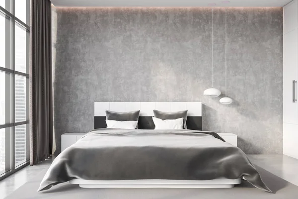 コンクリート壁と床と快適なキングサイズベッド付きのロフトベッドルームのインテリア 3Dレンダリング — ストック写真