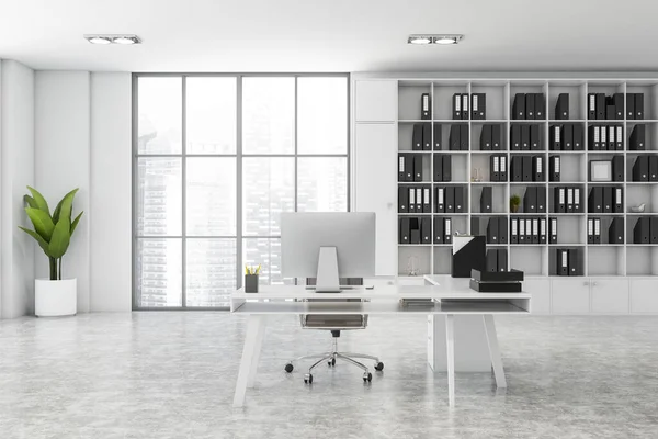 Interno Elegante Ufficio Ceo Con Pareti Bianche Pavimento Cemento Tavolo — Foto Stock