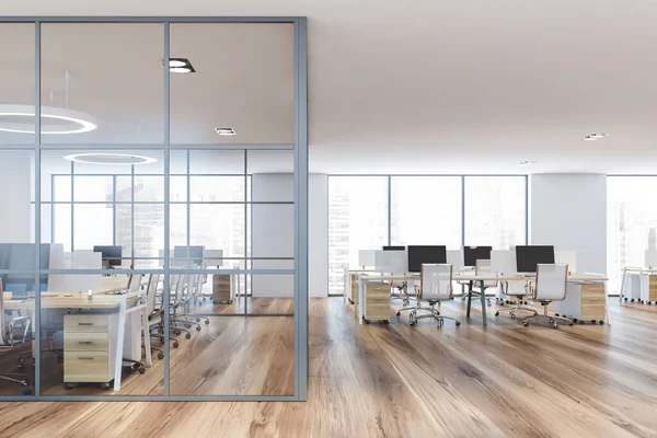 Interior Modern Open Space Office White Glass Walls Wooden Floor — Stock Photo, Image